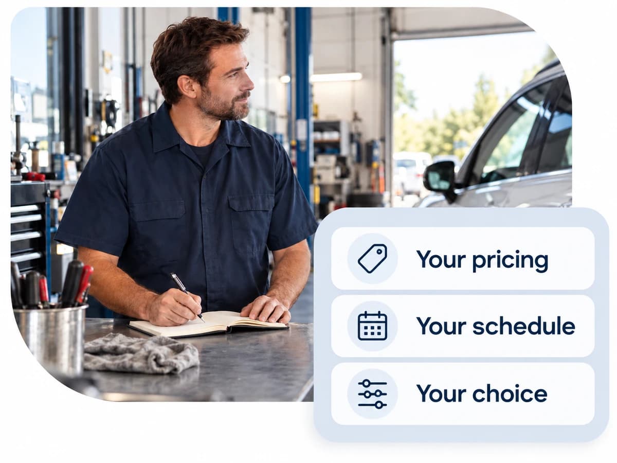 Auto professional planning work with an overlapping graphic: Your pricing, Your schedule, Your choice