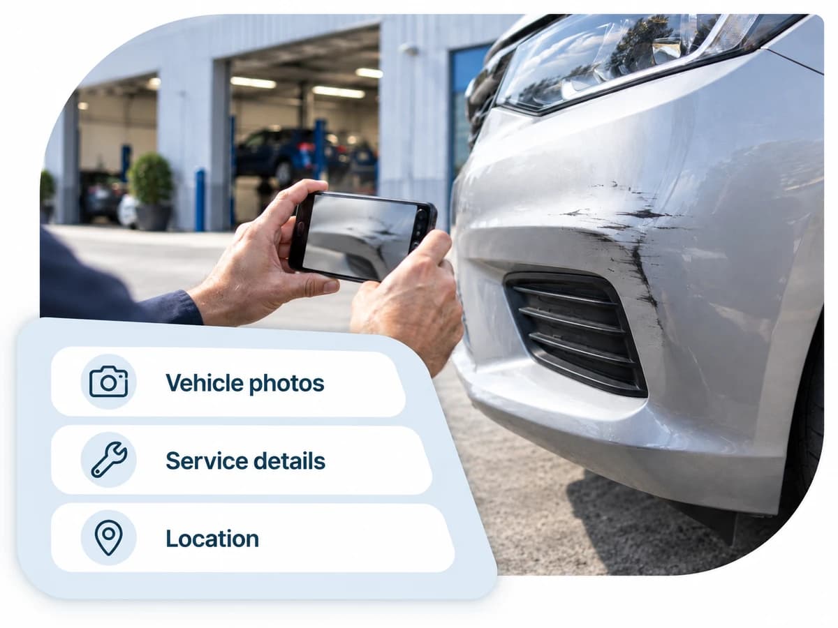 Customer photographing bumper damage with an overlapping graphic: Vehicle photos, Service details, Location