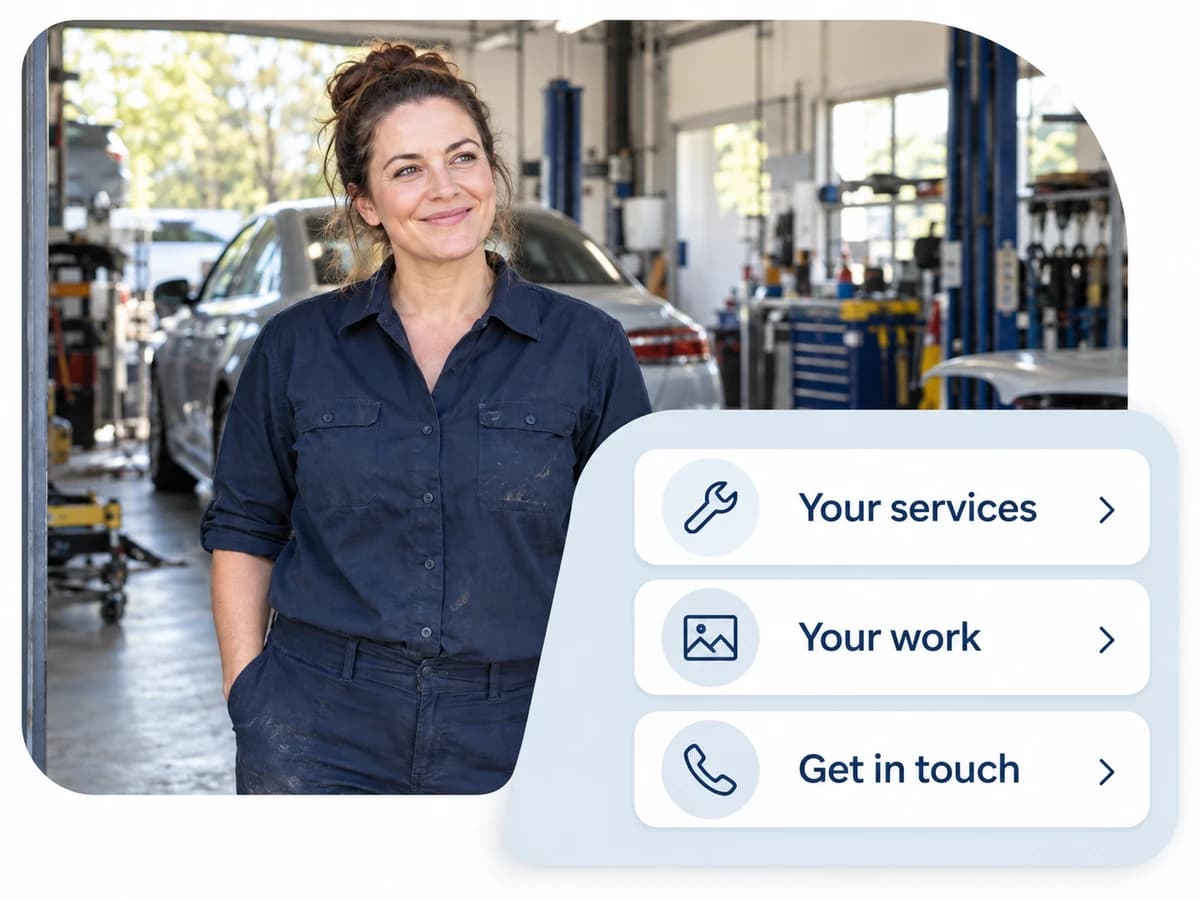 Auto shop owner with an overlapping graphic: Your services, Your work, Get in touch