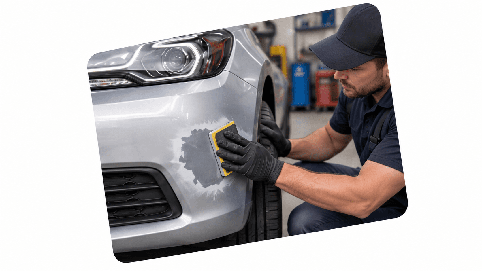 Auto body professional preparing a bumper for repair