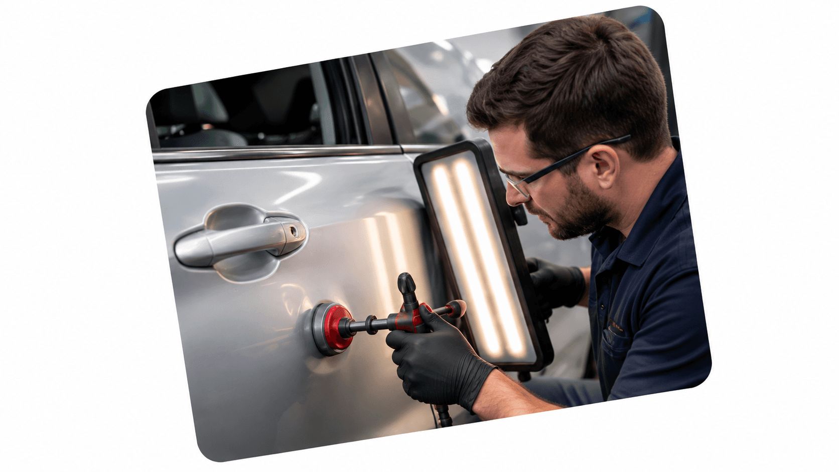 Technician repairing a dent in a vehicle door