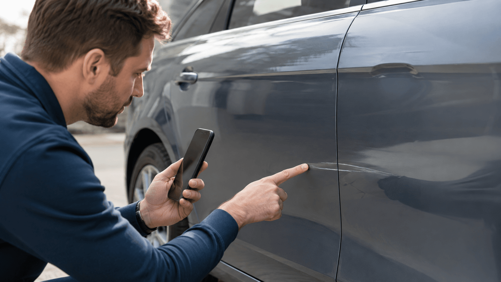 Man using VHQL to scan and inspect a visible scratch on the side of a gray car.