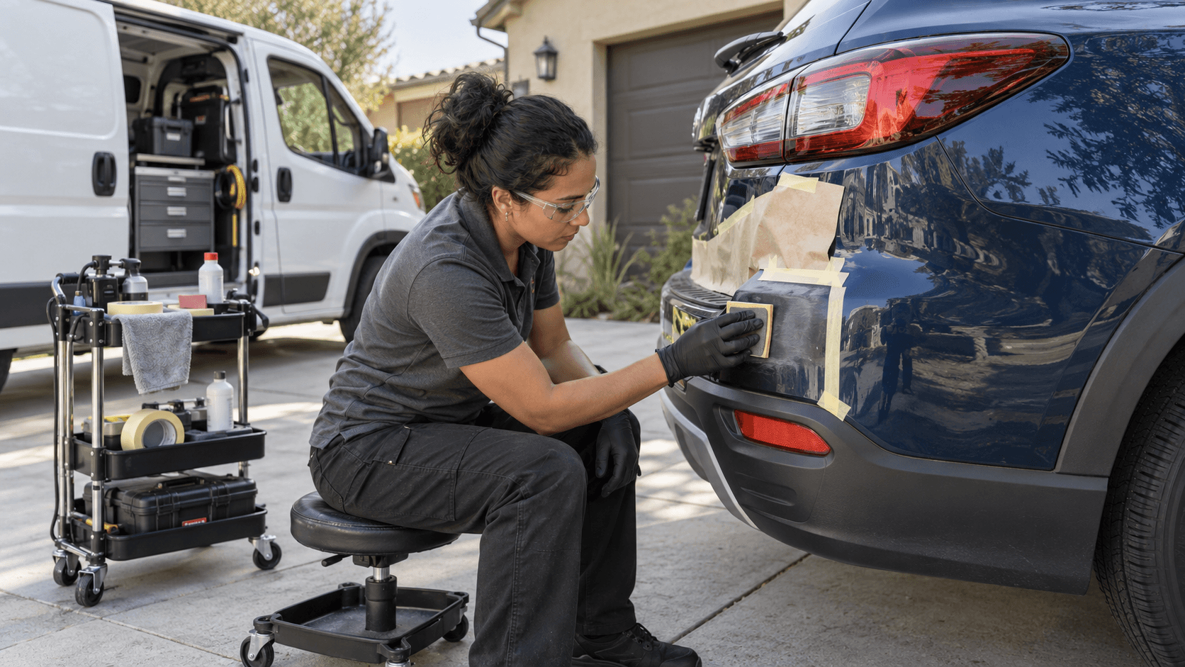 Mobile repair technician preparing a blue SUV’s rear bumper for paint repair in a driveway, with a service van nearby.
