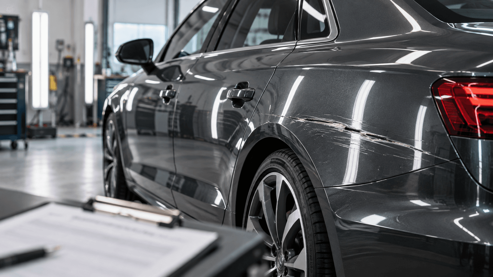 Dark gray car with a deep scratch being inspected for repair cost in an auto body shop