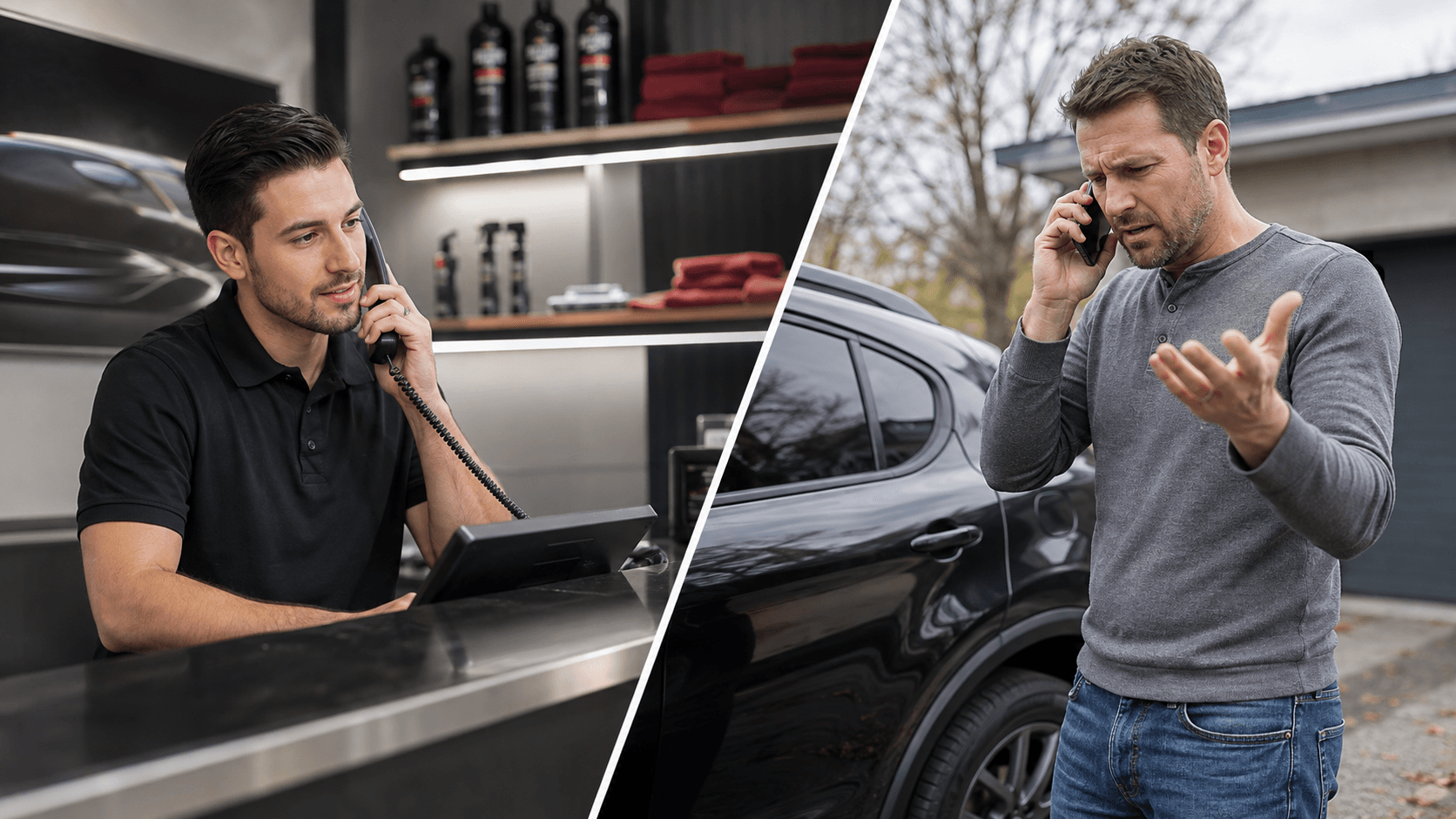 Vehicle care shop employee speaking on the phone with an overwhelmed customer standing beside their car.
