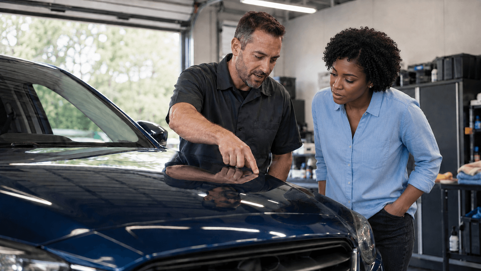 Auto paint technician points to a car’s hood while explaining paint protection options to a customer inside a detailing shop.