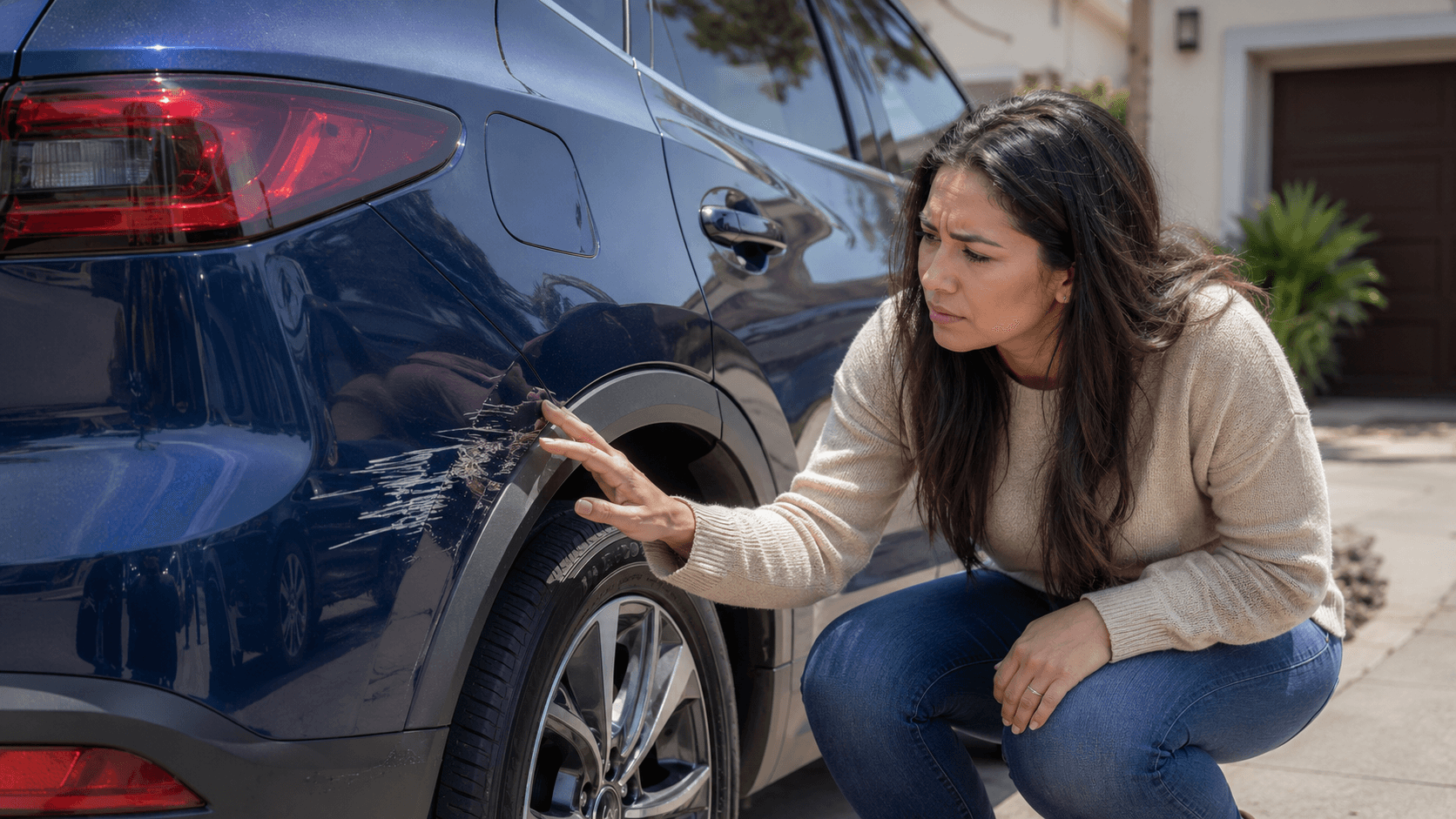 Concerned car owner inspects scratches and paint transfer above the rear wheel of a blue vehicle.